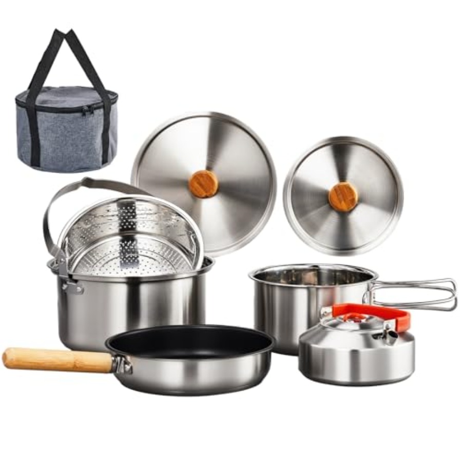 Camping Cooking Set With Bag - Camping Cookware Set, Lightweight Stainless Steel