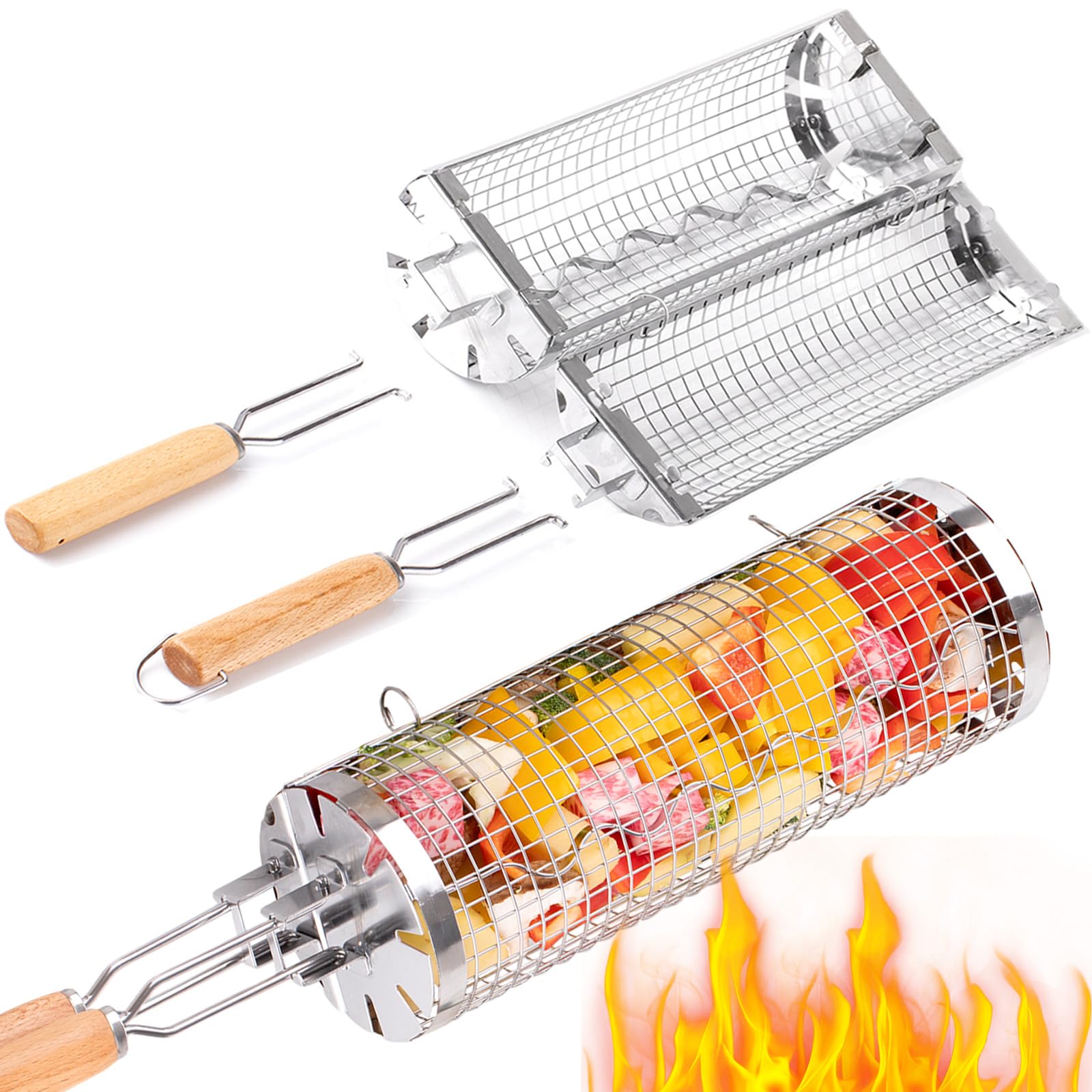 Camping Cooking Basket - BUYYES Rolling Grill Basket BBQ Mesh